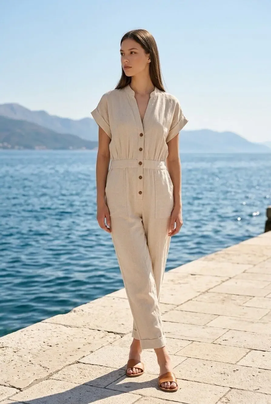 Zara Button Front One Piece Linen Jumpsuit Khacki Size Large